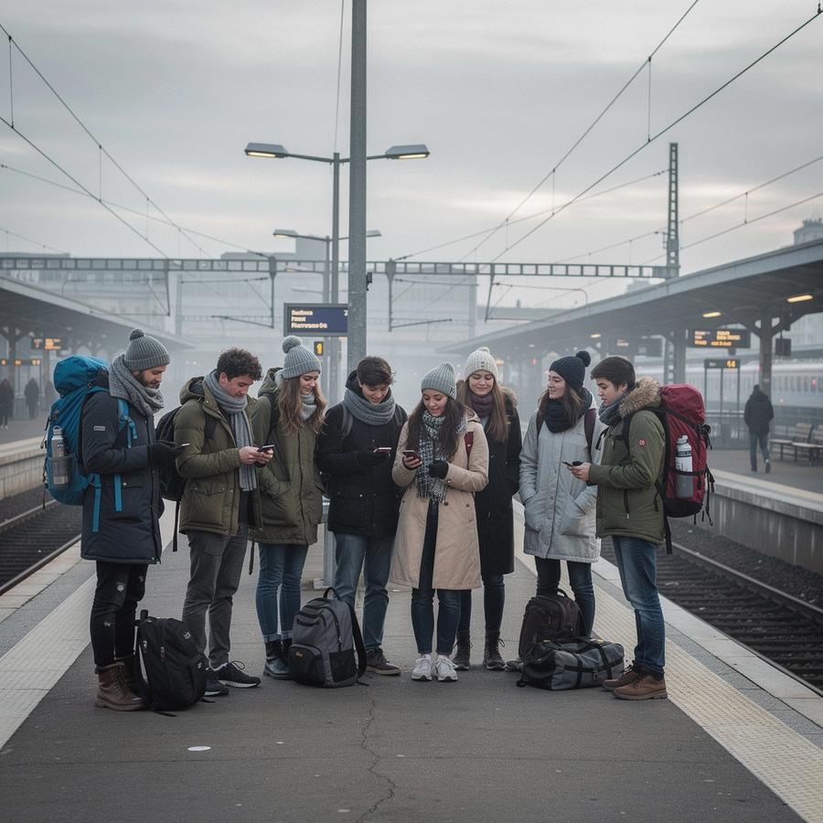 Twelve students with backpacks waiting on a station platform before a group departure